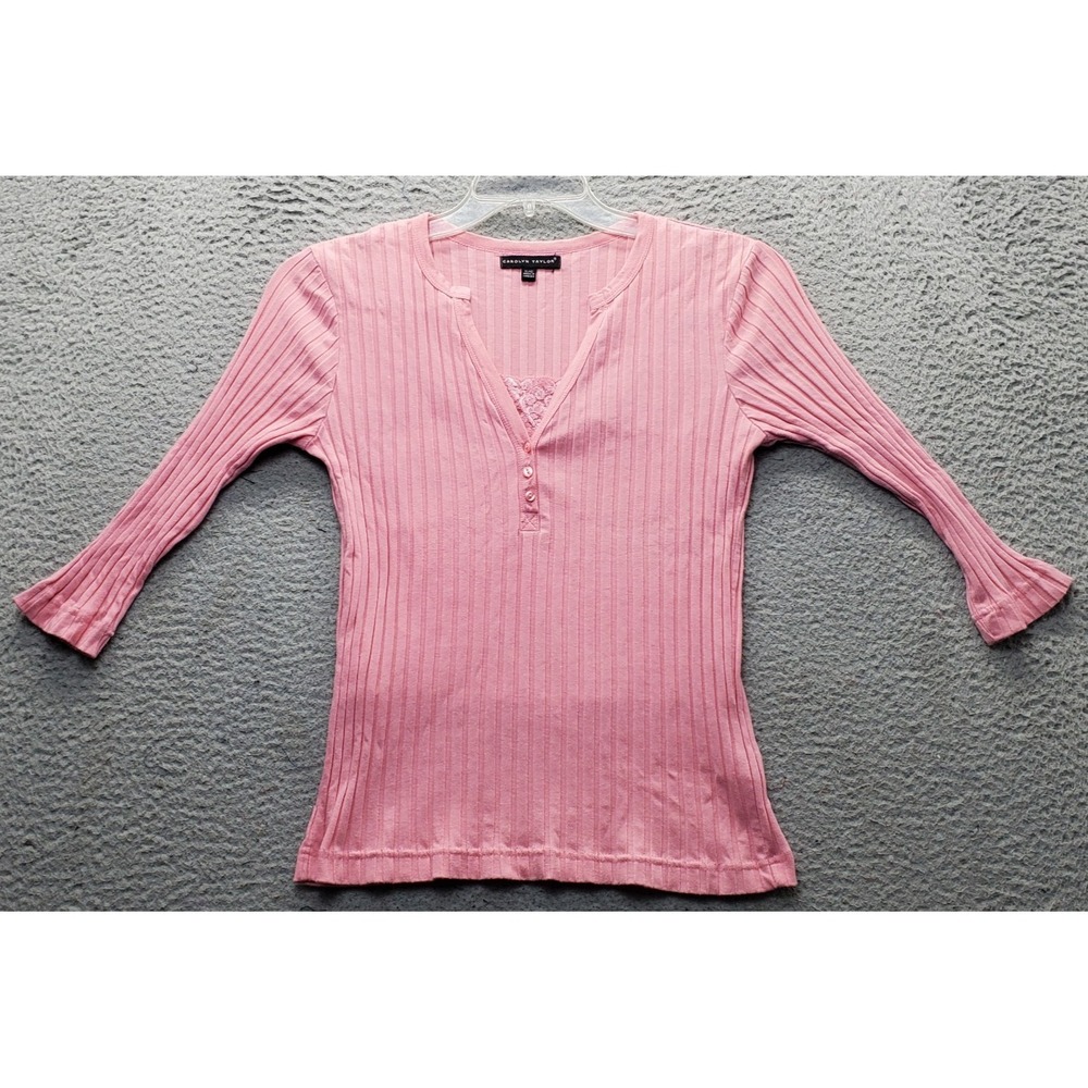 Carolyn Taylor Ribbed Top Womens Small Pink Slim 3/4 Sleeve V Neck Button Front